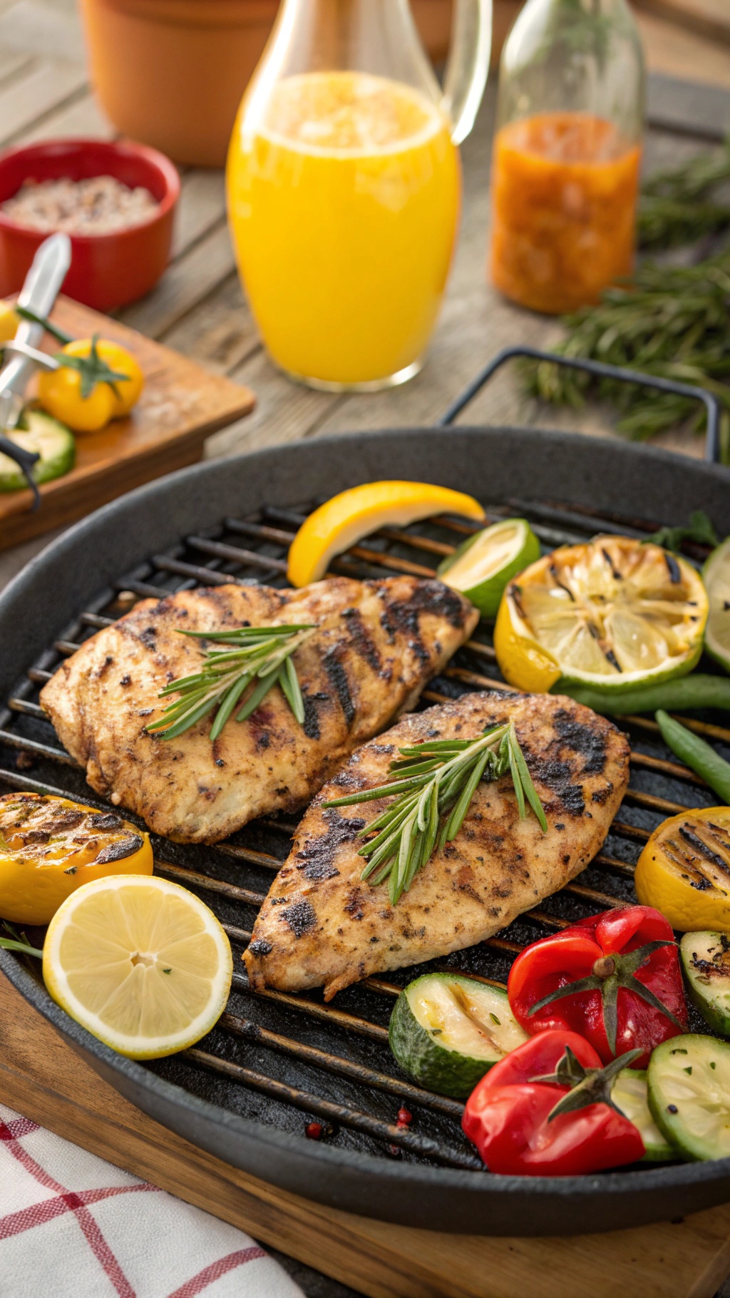 Grilled chicken breasts with lemon and herbs on a grill pan