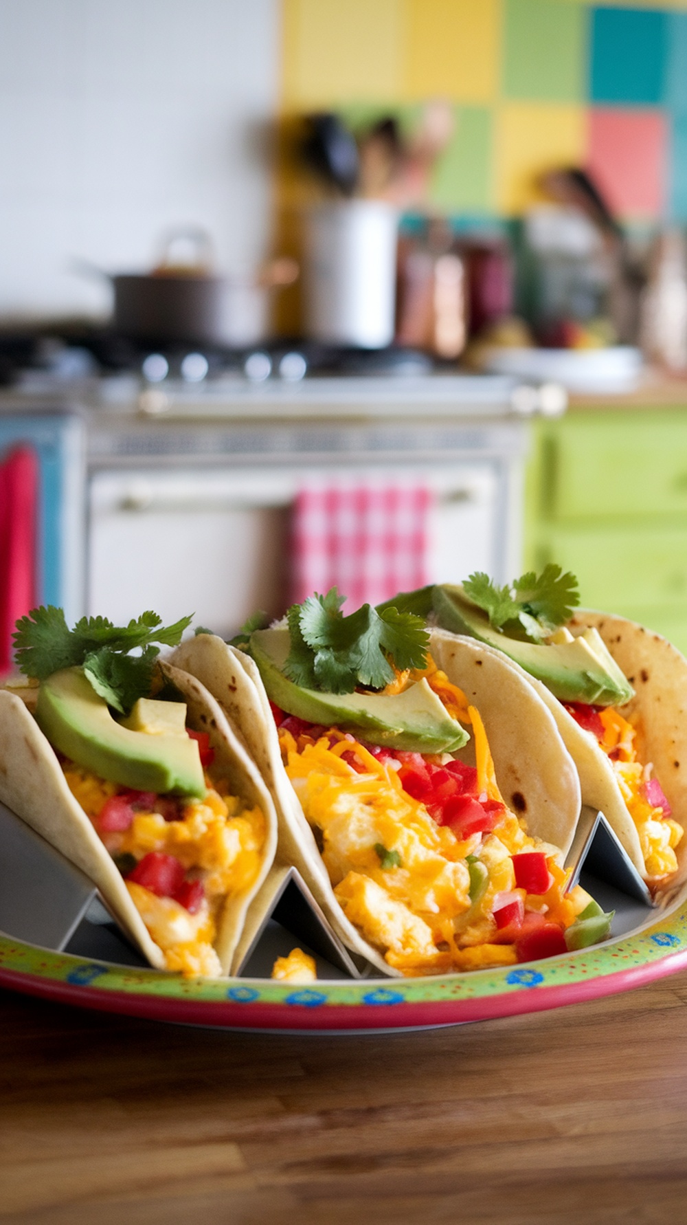 A plate of breakfast tacos filled with scrambled eggs, cheese, tomatoes, and avocado, garnished with cilantro.