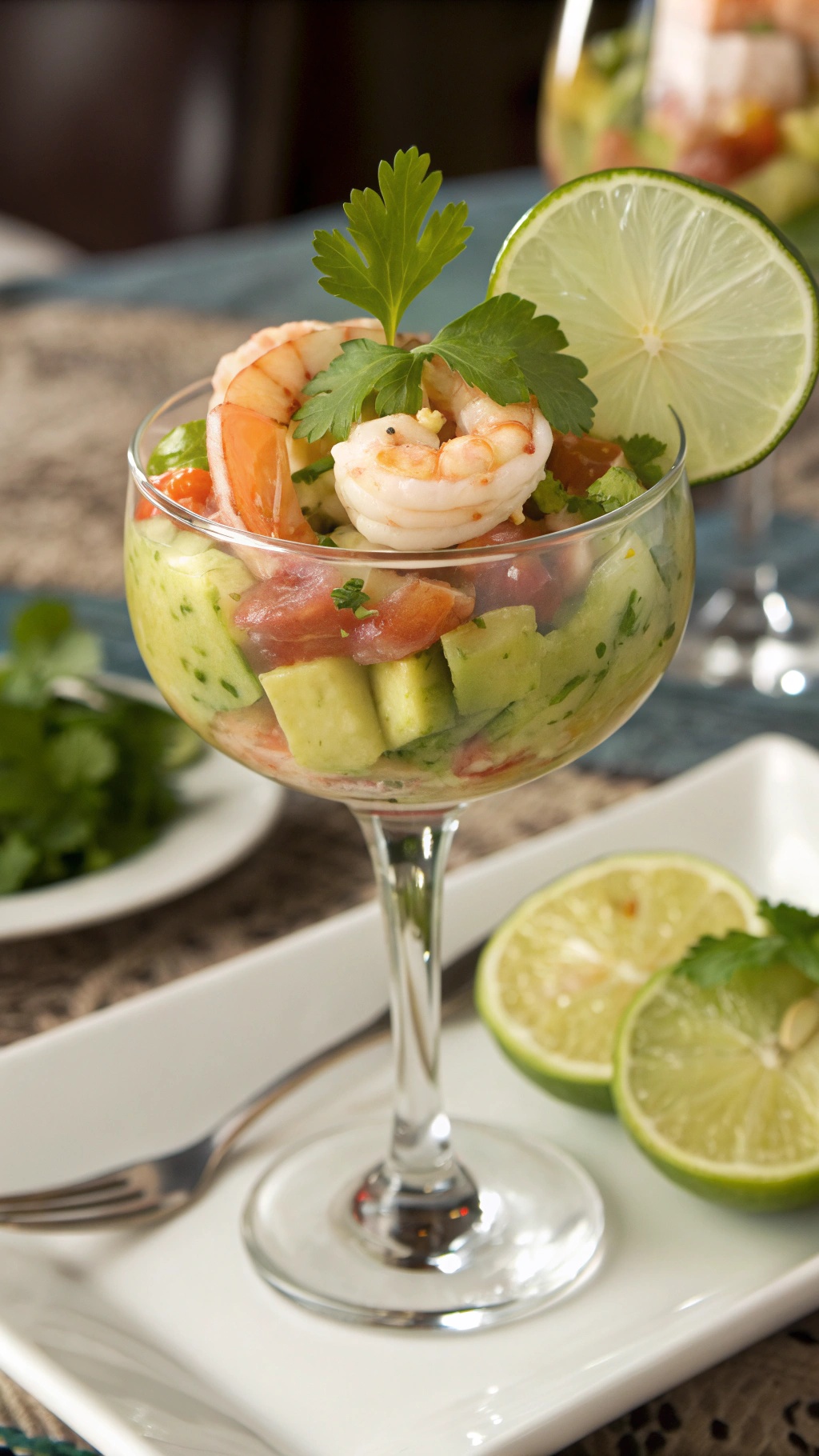 A refreshing avocado and shrimp cocktail served in a glass, garnished with lime and cilantro.