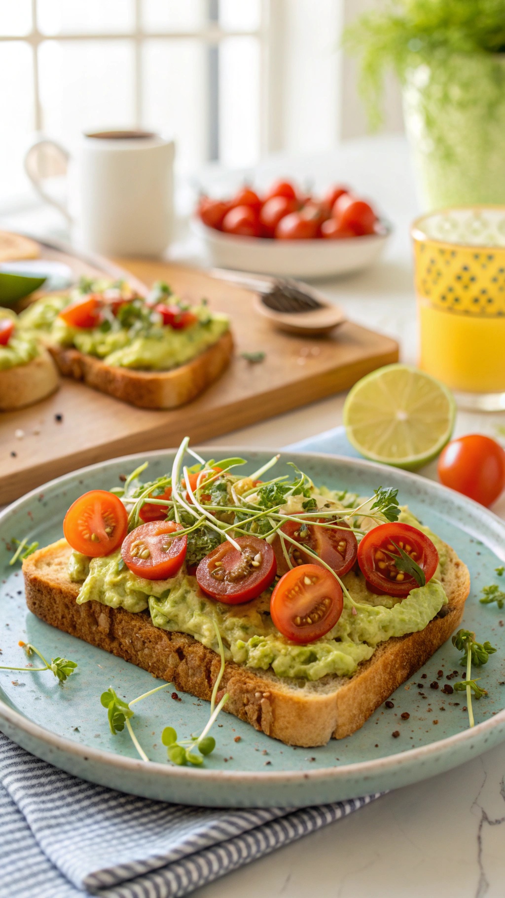 Zesty avocado toast topped with cherry tomatoes and microgreens on a plate