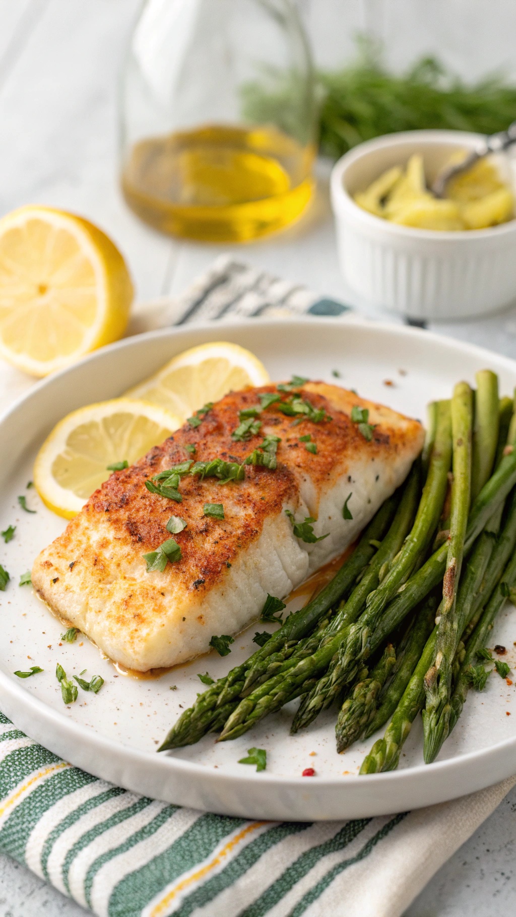 Zesty baked cod with paprika served with asparagus and lemon slices