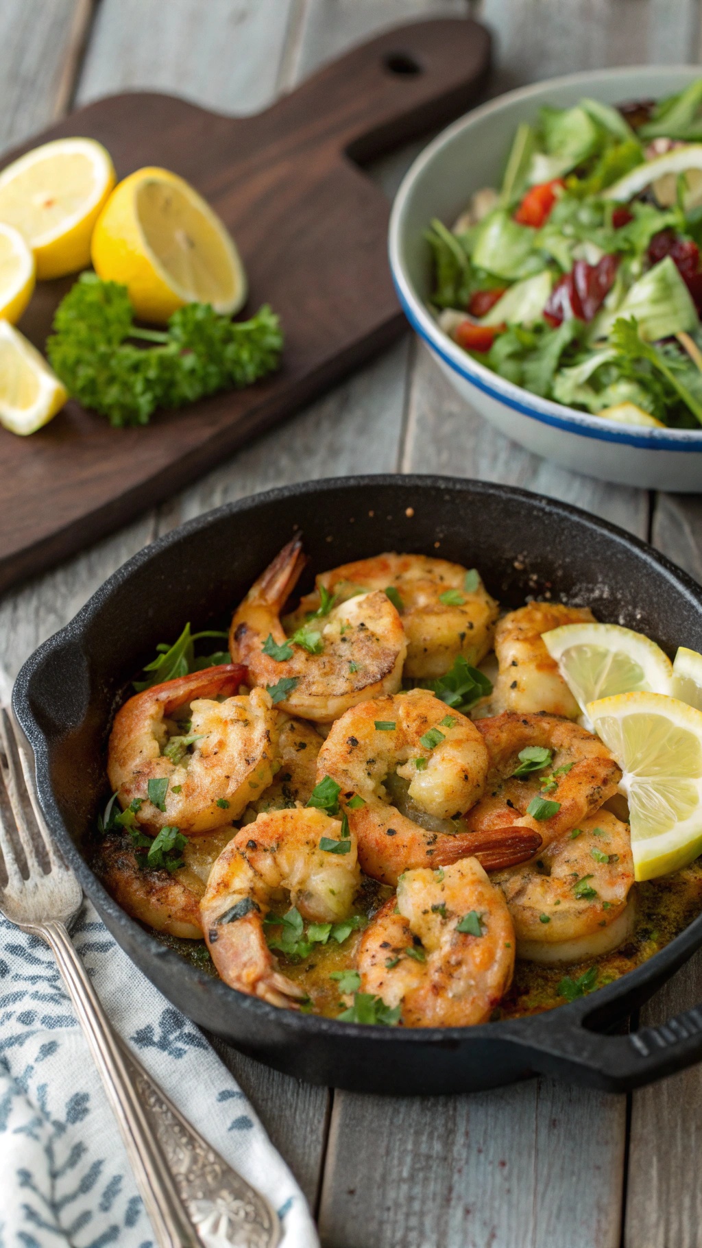 A skillet of baked lemon garlic shrimp garnished with parsley and lemon slices, alongside a fresh salad.