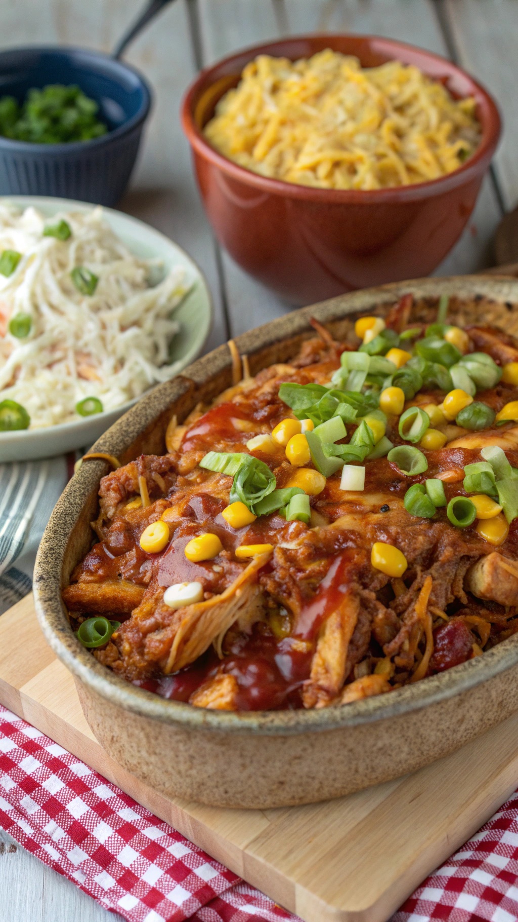 A delicious Zesty BBQ Chicken Casserole topped with green onions and corn, served with sides of coleslaw and cheese.