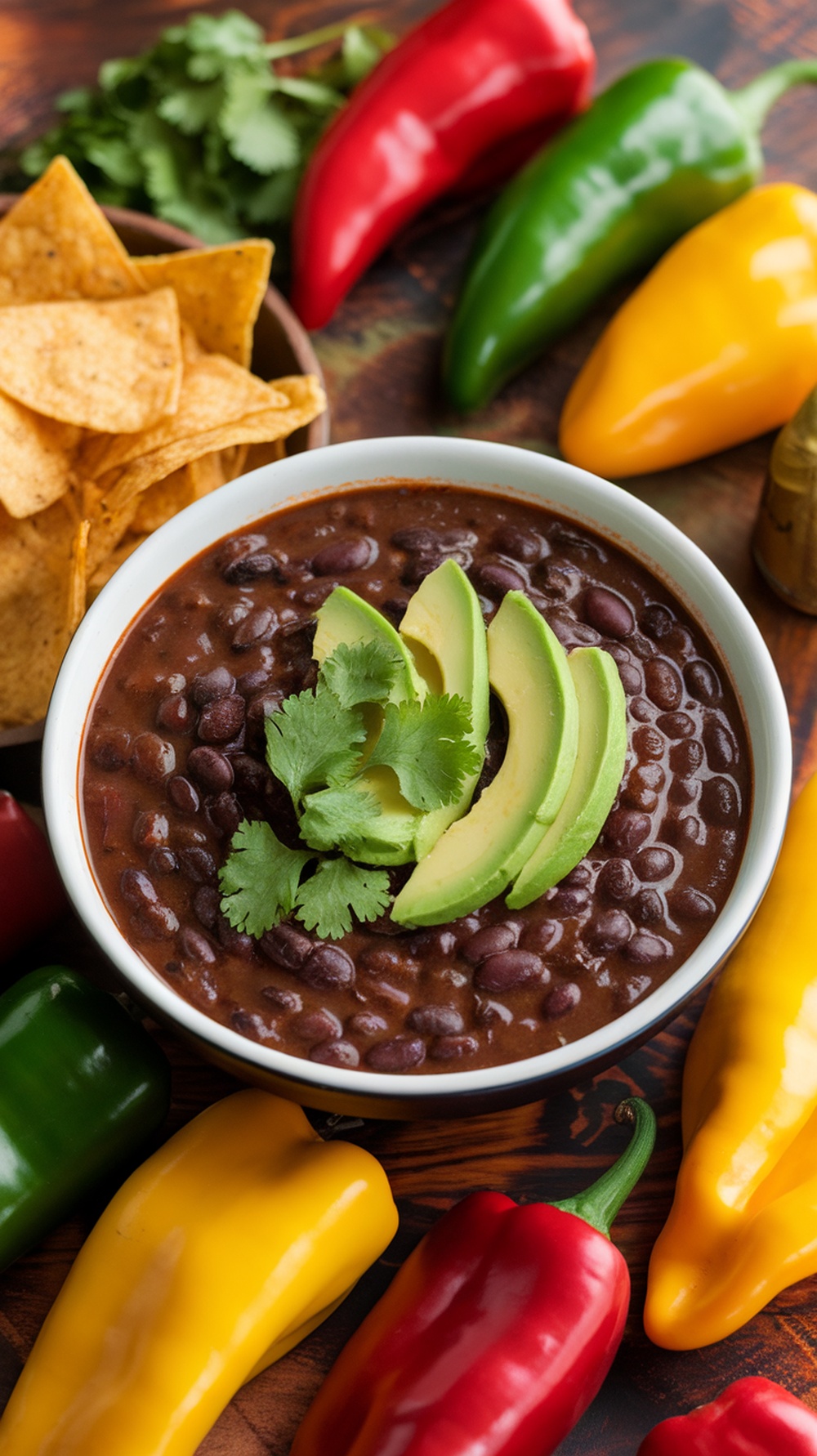 A bowl of zesty black bean soup topped with avocado and cilantro, surrounded by colorful peppers and tortilla chips.
