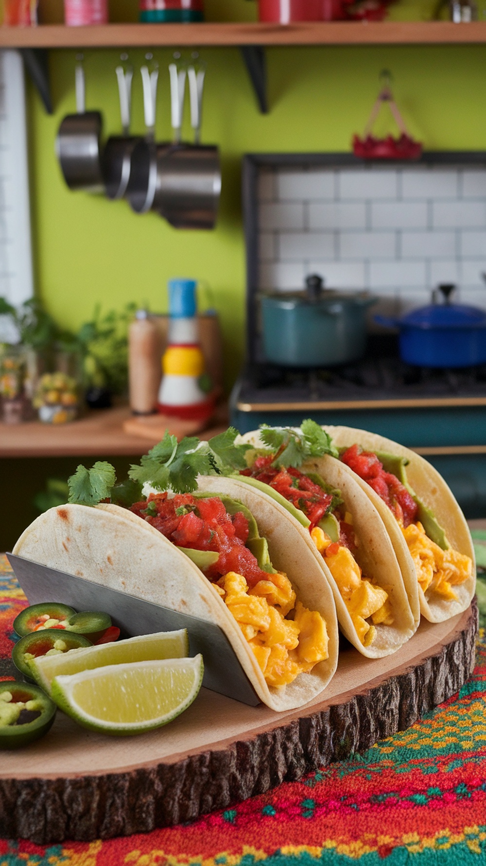 Three breakfast tacos filled with scrambled eggs, salsa, and cilantro, served with lime wedges.