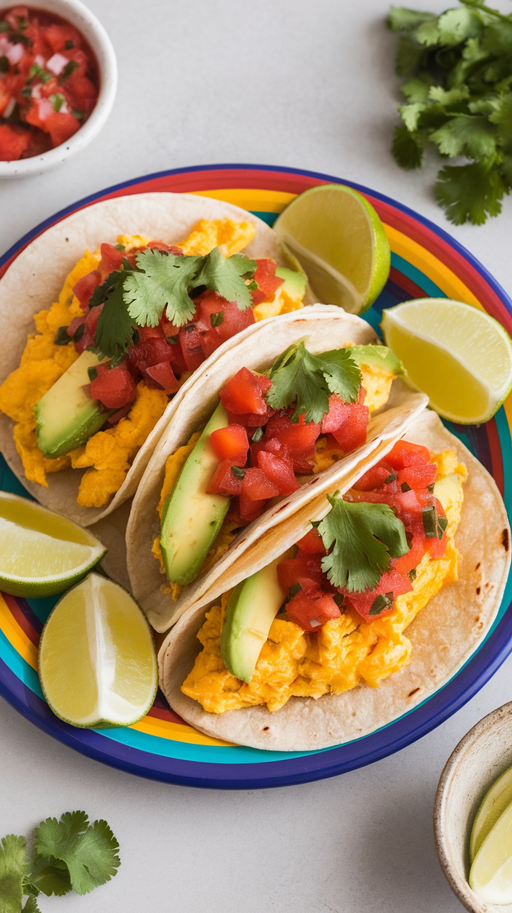 Three breakfast tacos filled with scrambled eggs, avocado, and salsa on a colorful plate.