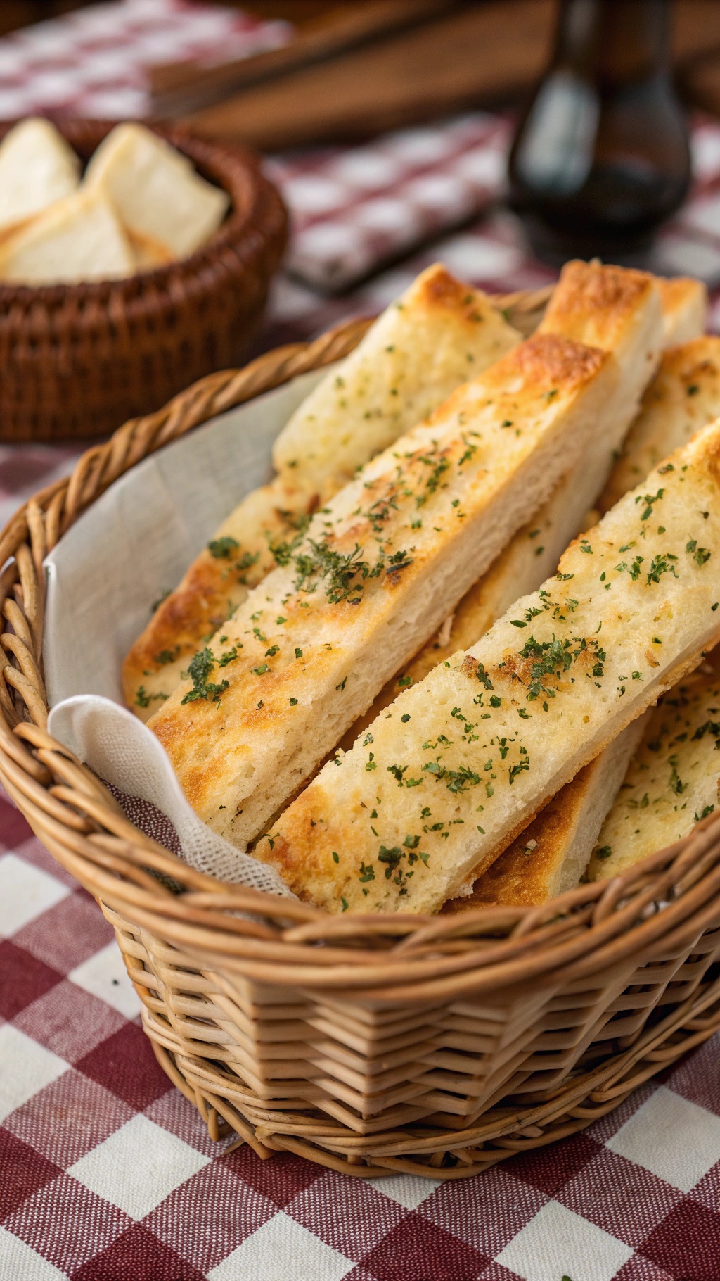 A basket of golden-brown cheesy garlic breadsticks garnished with herbs.