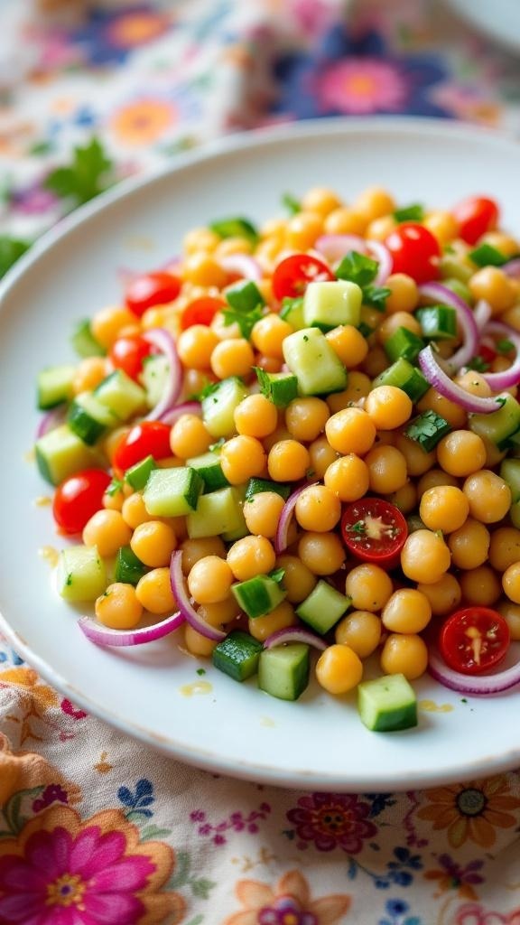 A colorful zesty chickpea salad with cucumbers, tomatoes, and red onions on a floral tablecloth.