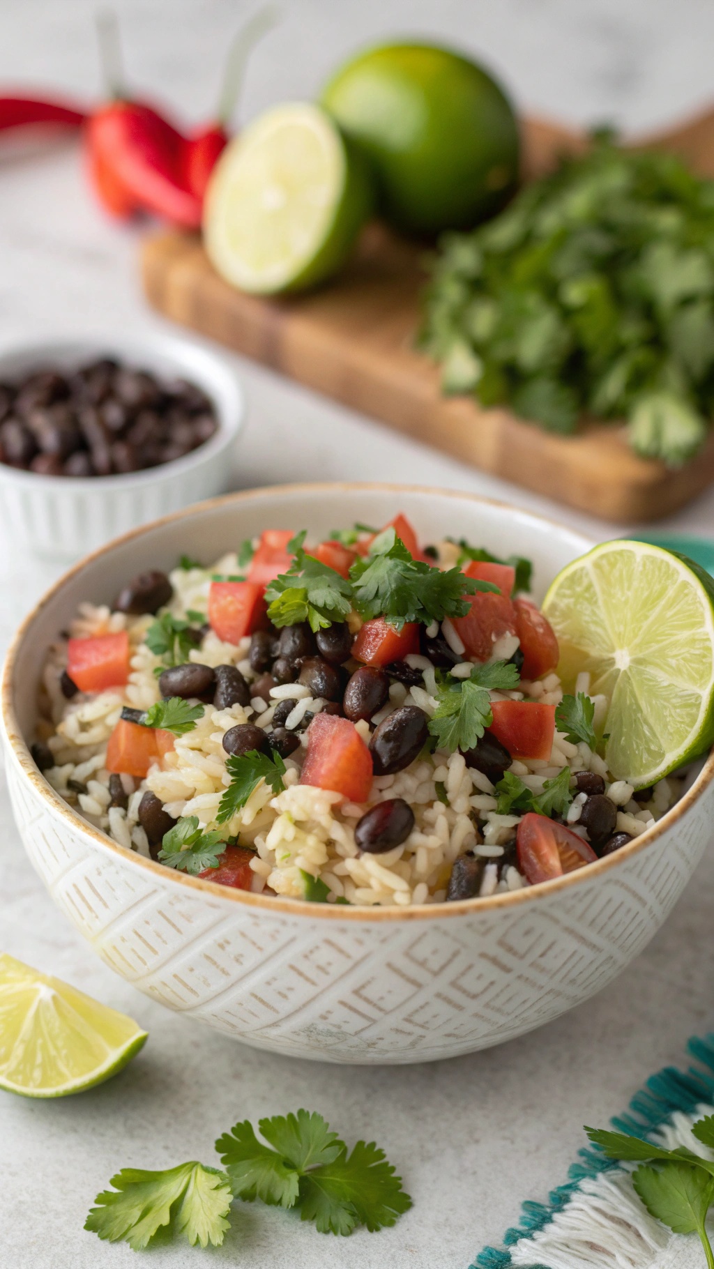 A bowl of cilantro lime rice topped with black beans, tomatoes, and cilantro, with lime slices and fresh ingredients in the background.