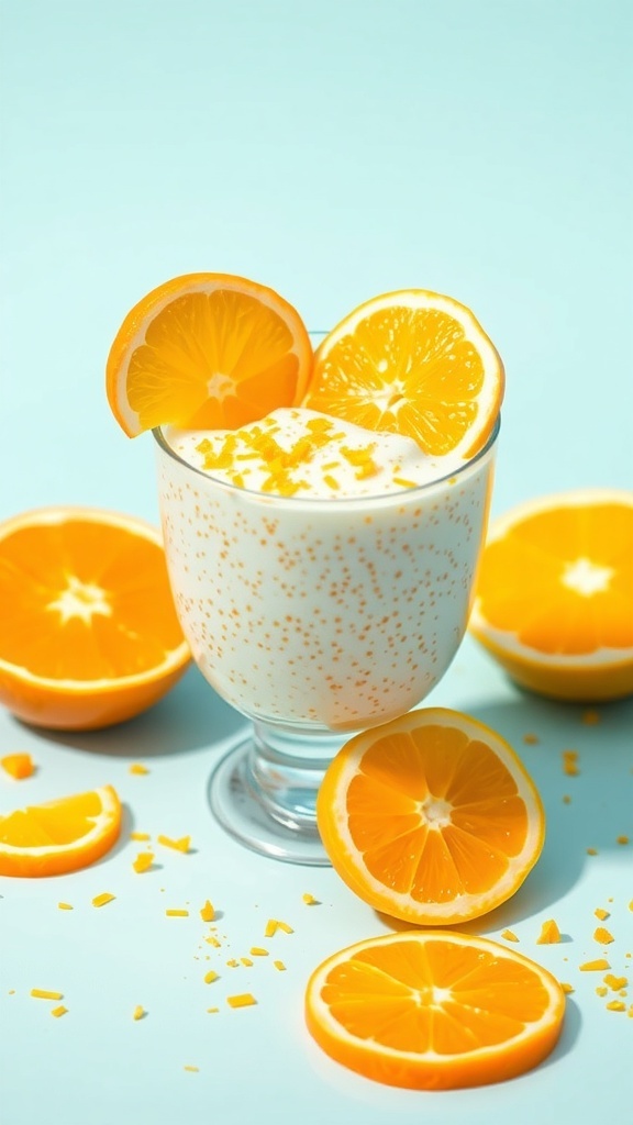 A glass of zesty citrus chia pudding topped with orange slices, surrounded by orange segments on a light blue background.