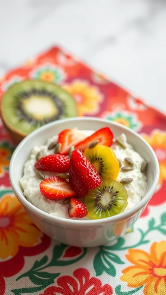 A colorful bowl of cottage cheese topped with fresh fruits and seeds.