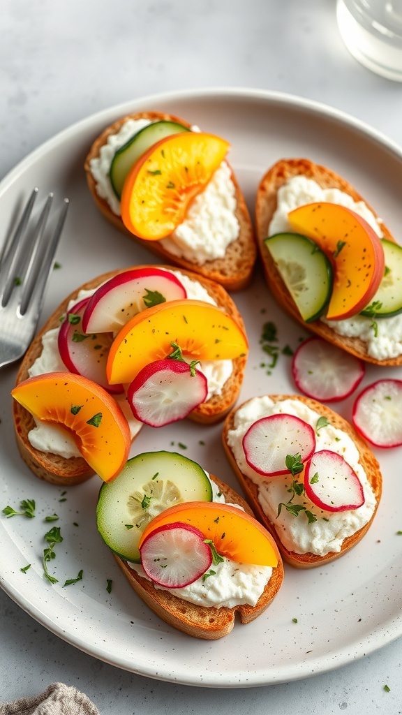 Zesty cottage cheese toasts topped with fresh vegetables and fruits.