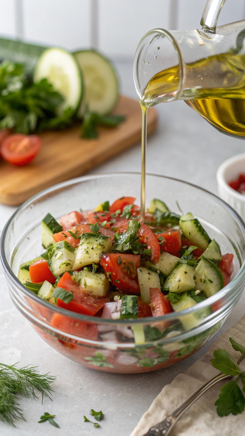 A bowl of cucumber and tomato salad with fresh herbs and olive oil being poured over it.