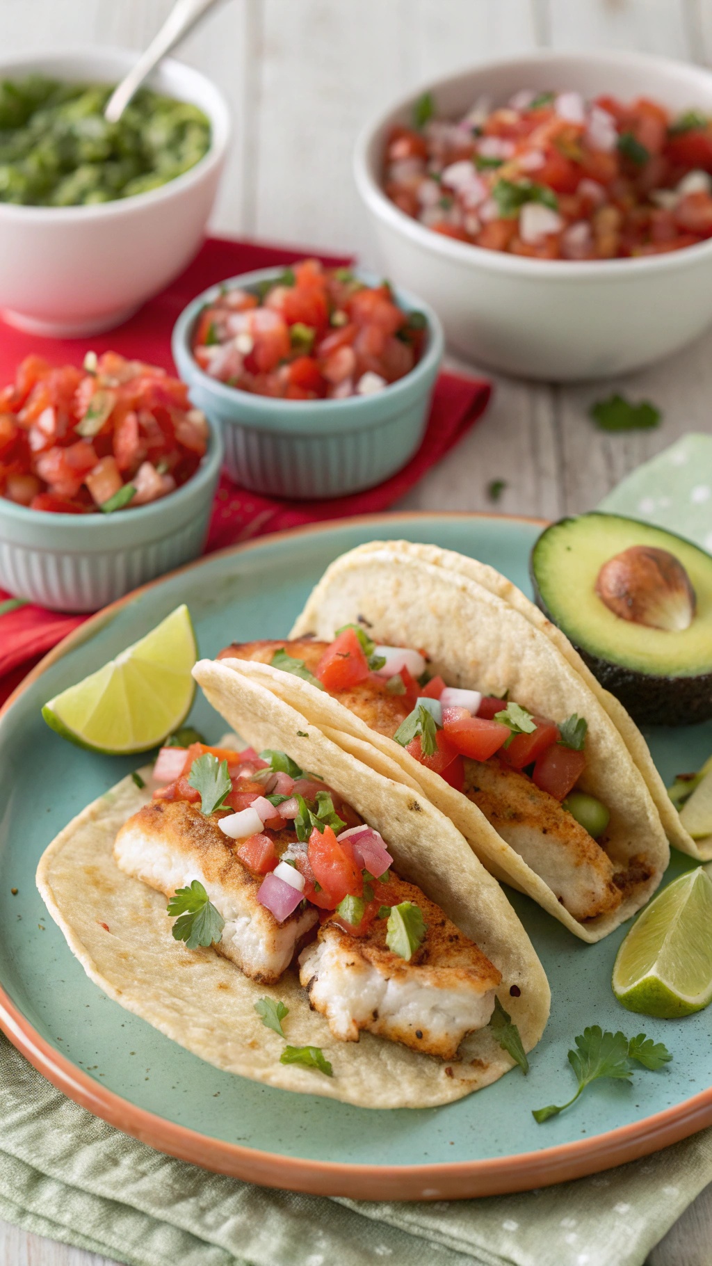 Zesty fish tacos with pico de gallo on a plate with lime wedges.