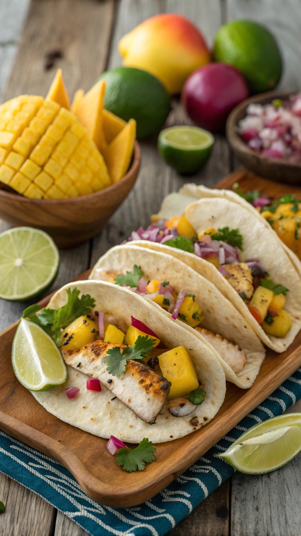 Delicious fish tacos topped with mango salsa, served with lime wedges.