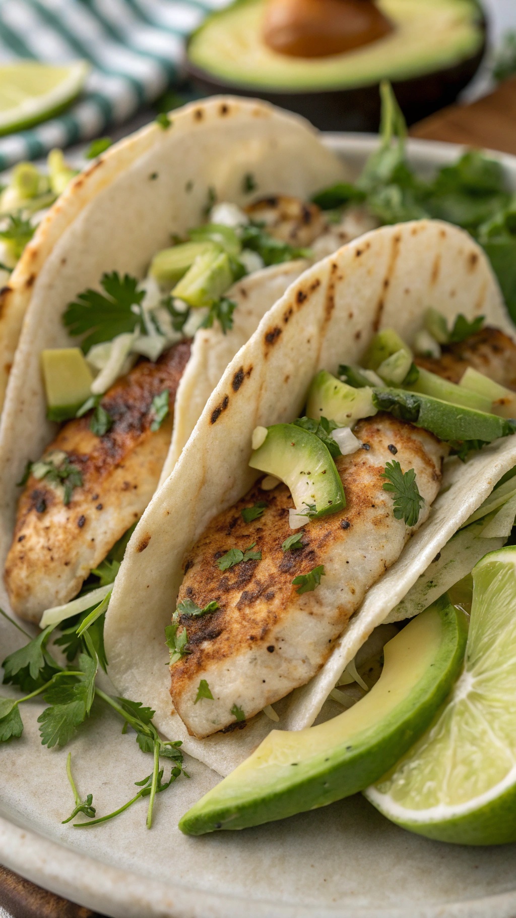 Delicious fish tacos with grilled fish, avocado, and lime on a plate.