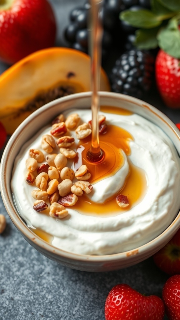 A bowl of Greek yogurt topped with honey and nuts, surrounded by fresh fruits.