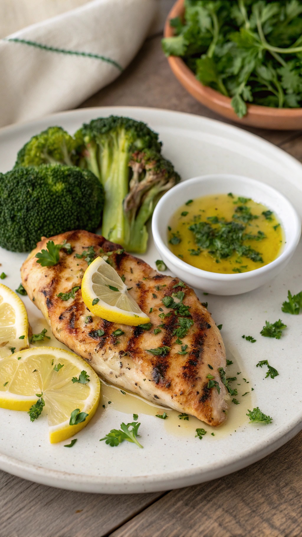 Grilled chicken with lemon and herbs served with broccoli and a lemon wedge.