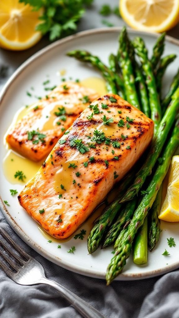 Grilled salmon fillets with asparagus and lemon slices on a plate