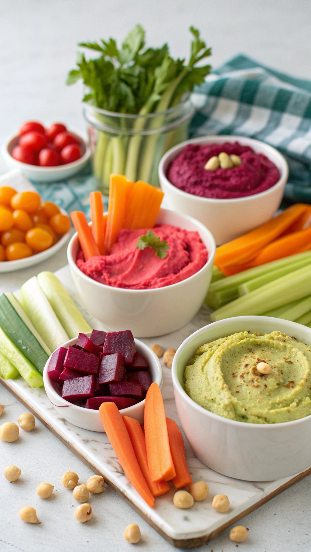 Colorful hummus dips served with fresh vegetable sticks.