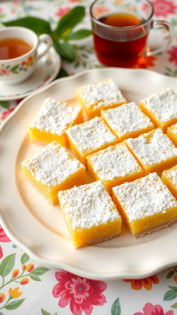 A plate of zesty keto lemon bars garnished with lemon slices and mint leaves, with a cup of tea in the background.