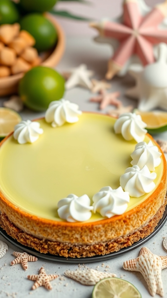 A zesty key lime cheesecake garnished with whipped cream, surrounded by limes and beach-themed decorations.