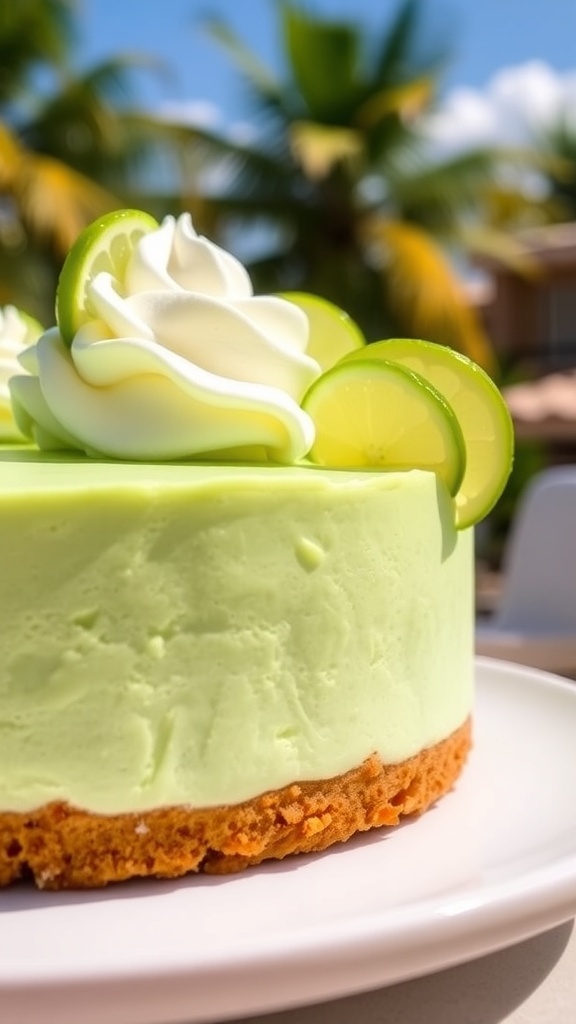 A zesty key lime cheesecake decorated with lime slices and whipped cream, set against a tropical backdrop.