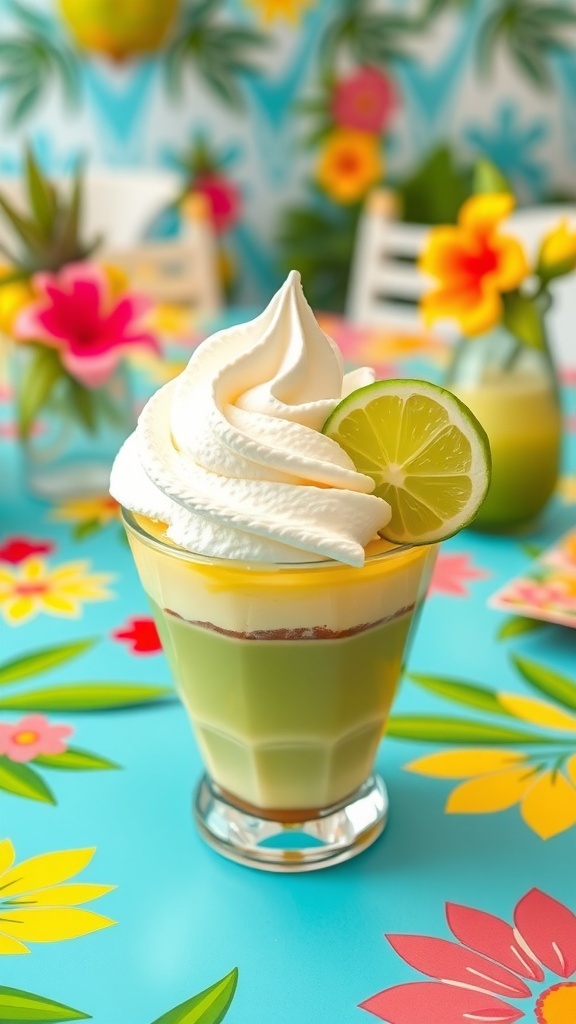 Zesty Key Lime Pie Cups with whipped cream and lime slice on a colorful floral table