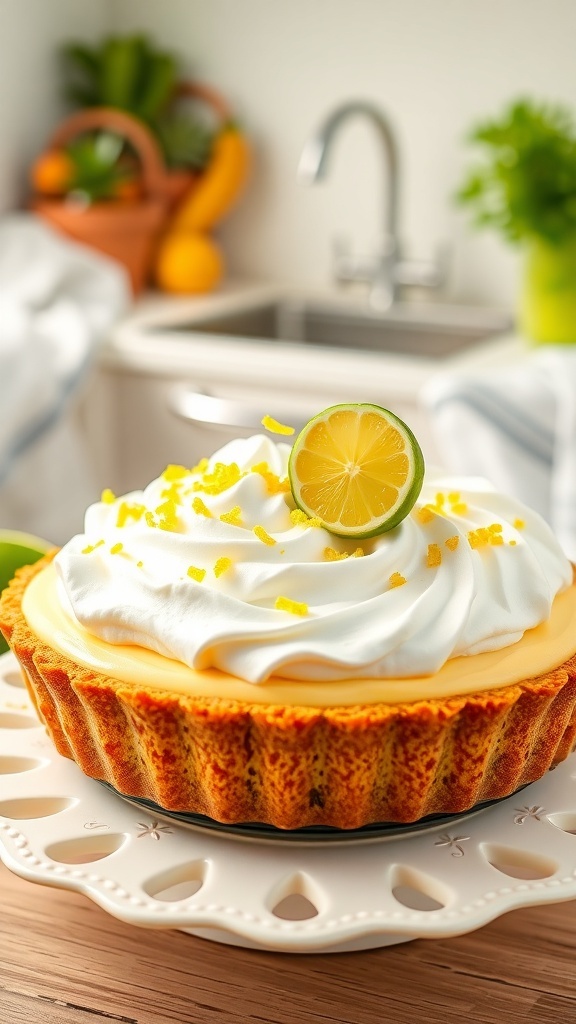A zesty key lime pie topped with whipped cream and lime slices, set on a decorative plate.