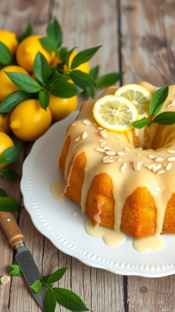 A beautifully presented lemon almond cake with a lemon glaze, garnished with lemon slices and mint leaves, next to fresh lemons.