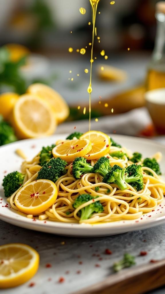 A plate of pasta with broccoli and lemon slices, drizzled with olive oil.