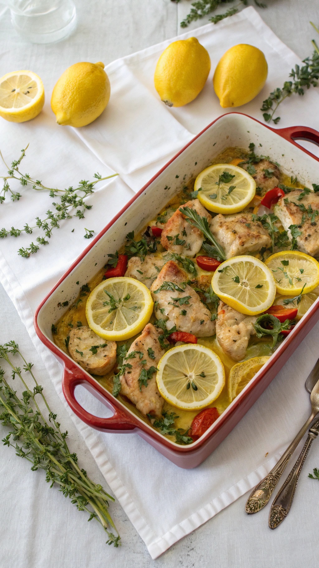 A zesty lemon and herb chicken casserole with lemon slices and fresh herbs