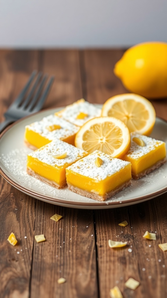 A plate of zesty lemon bars garnished with lemon slices and powdered sugar.