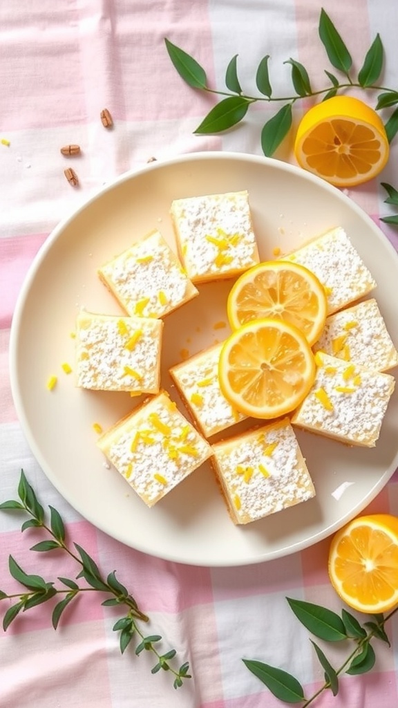 A plate of zesty lemon bars garnished with lemon slices and greenery.
