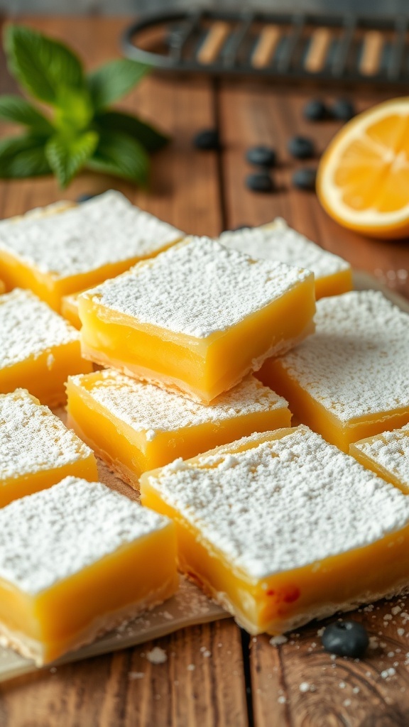 A stack of zesty lemon bars dusted with powdered sugar on a wooden table, with a slice of lemon and mint leaves in the background.