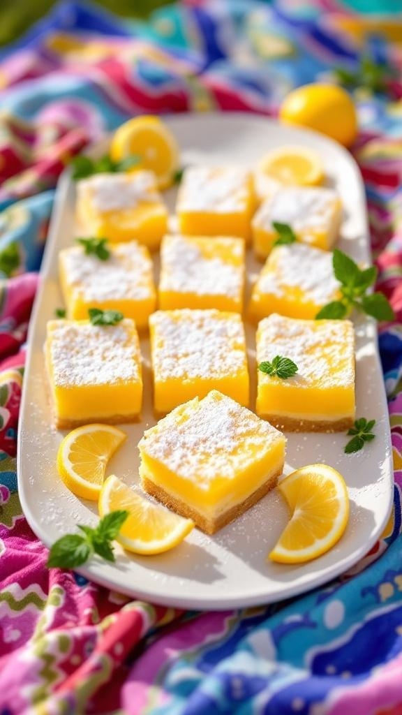 A plate of zesty lemon bars garnished with mint leaves and lemon slices, set on a colorful fabric.
