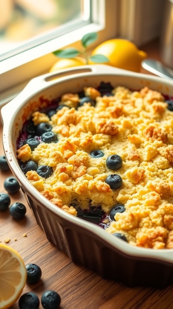 A delicious lemon blueberry crumble in a baking dish, topped with a golden crumble and surrounded by fresh blueberries and lemons.