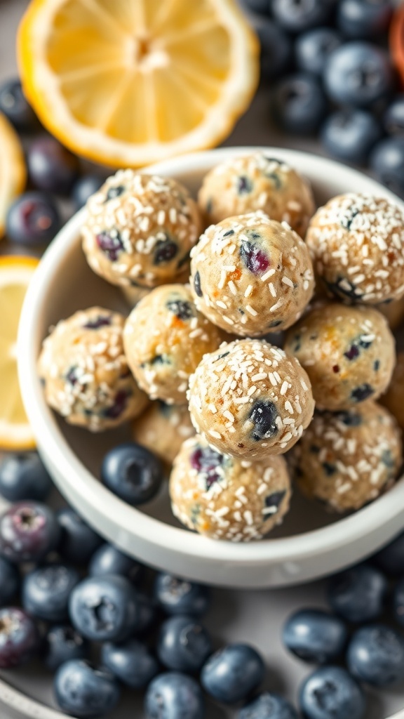A bowl of zesty lemon blueberry energy balls surrounded by fresh blueberries and lemon slices.