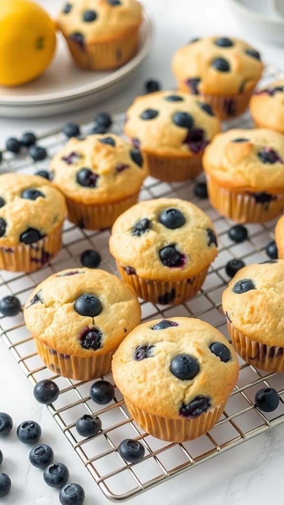 Freshly baked lemon blueberry muffins on a cooling rack with blueberries and a lemon in the background.