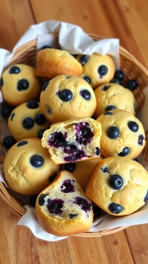 A basket of freshly baked lemon blueberry muffins, some whole and some cut in half to show the blueberry filling.