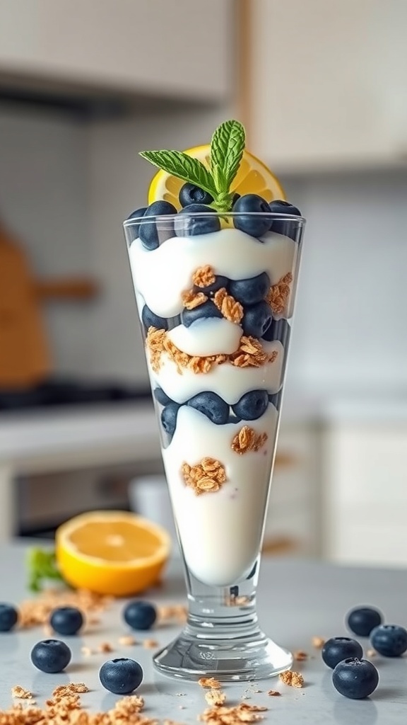 A refreshing lemon blueberry parfait in a tall glass, layered with yogurt, blueberries, and granola, garnished with mint and lemon.