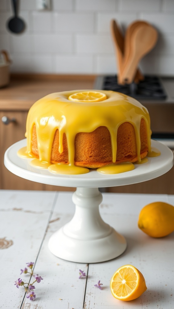 A beautifully decorated lemon cake with a bright yellow glaze and fresh lemon slices on top, set on a white cake stand.