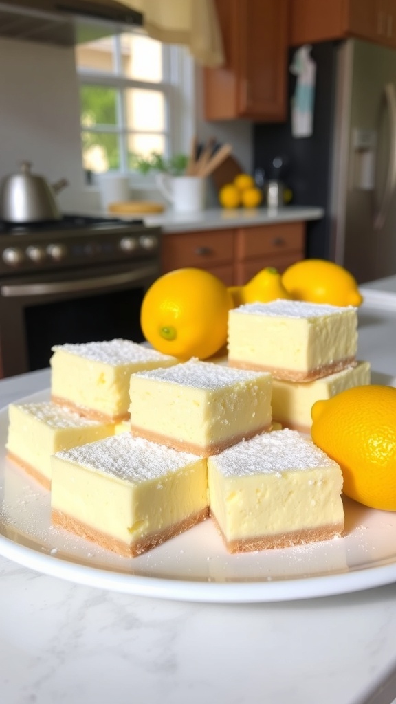 Lemon cheesecake bars on a white platter with mint leaves and lemons in the background