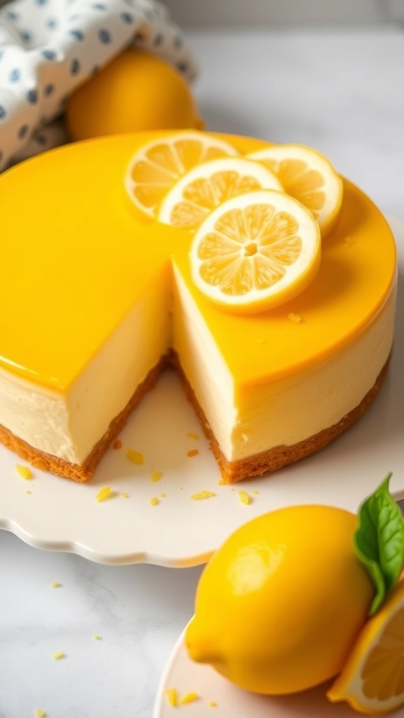 A zesty lemon cheesecake topped with lemon slices and mint leaves, placed on a white plate with fresh lemons in the background.
