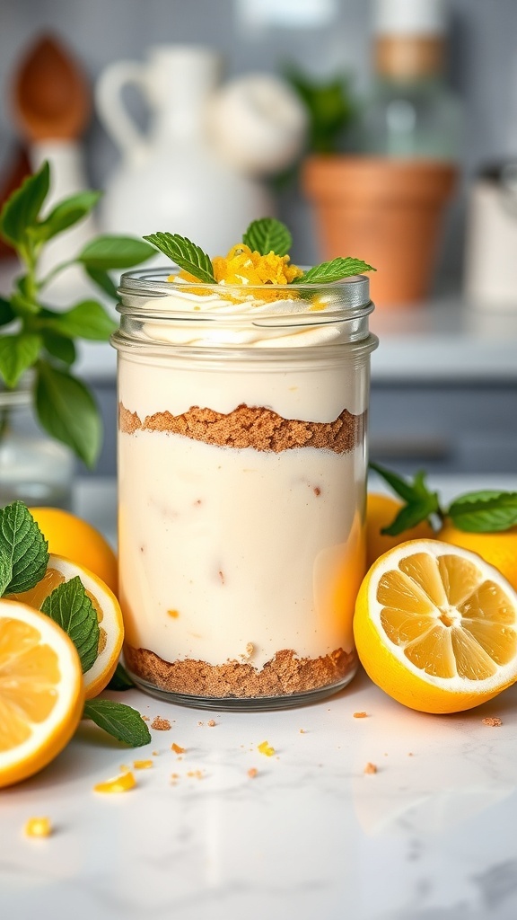 Zesty Lemon Cheesecake in a jar with graham cracker crust and lemon slices