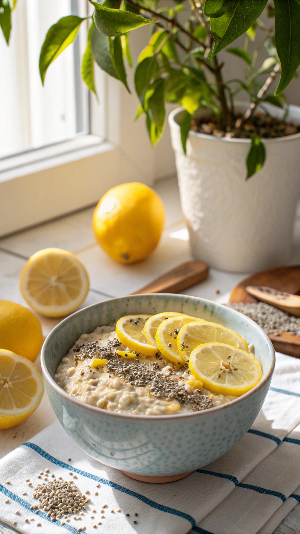 A bowl of lemon chia overnight oats topped with lemon slices and chia seeds, with lemons in the background.