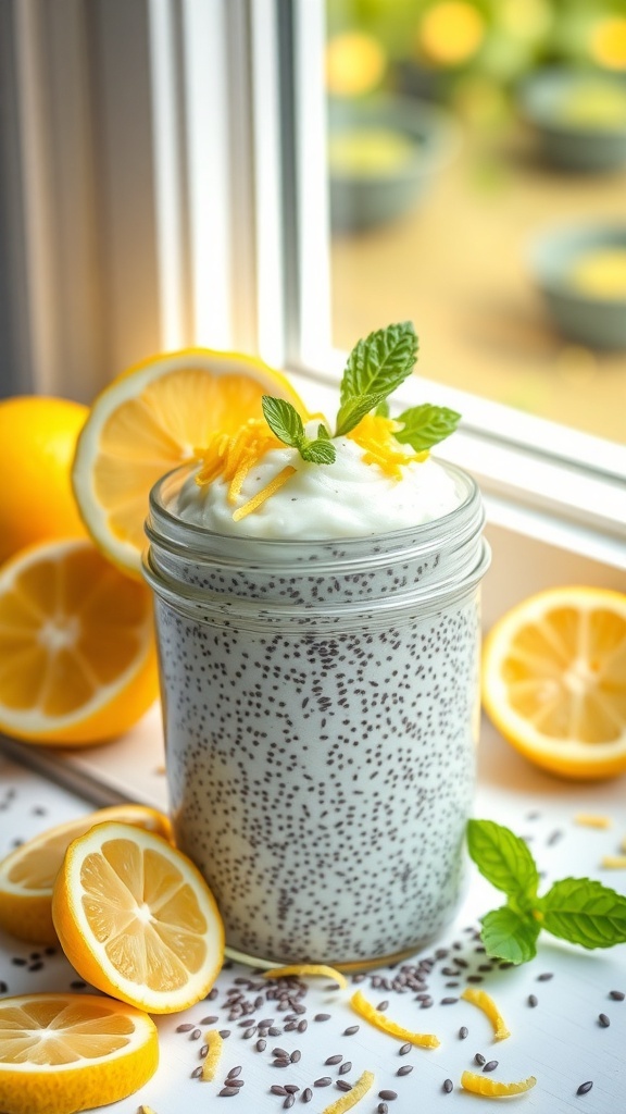A jar of lemon chia seed pudding garnished with lemon slices and mint leaves, surrounded by fresh lemons.