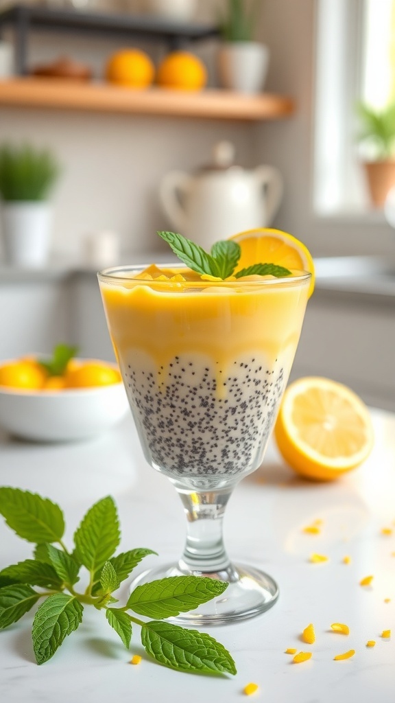A glass of lemon chia seed pudding topped with mint leaves and lemon slices, set against a bright kitchen background.