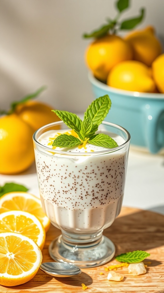 A glass of lemon chia seed pudding topped with mint leaves, surrounded by fresh lemons.