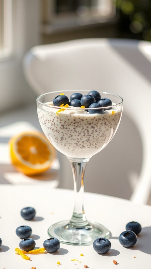 A glass of lemon chia seed pudding topped with blueberries and lemon zest, with a lemon half in the background.